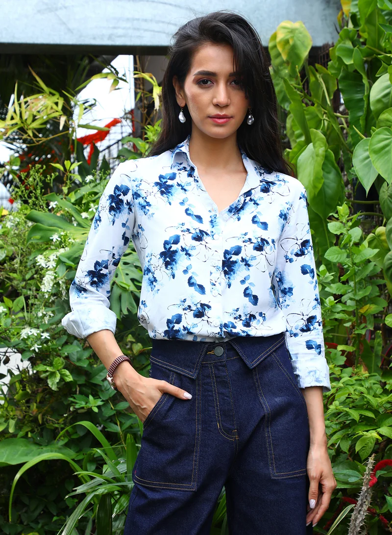 PINACOLADA Women's Navy Blue Botanical Strokes Shirt Women's Navy Blue Botanical Strokes Shirt  | Best Price UAE
