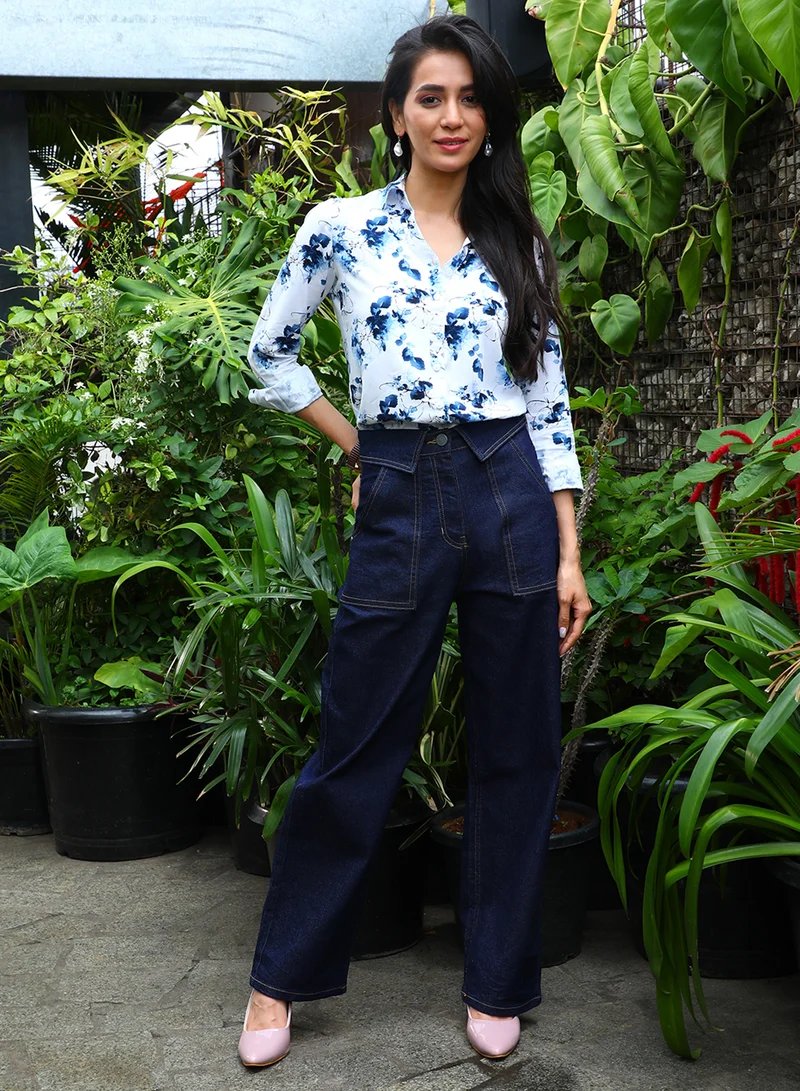 PINACOLADA Women's Navy Blue Botanical Strokes Shirt Women's Navy Blue Botanical Strokes Shirt  | Best Price UAE
