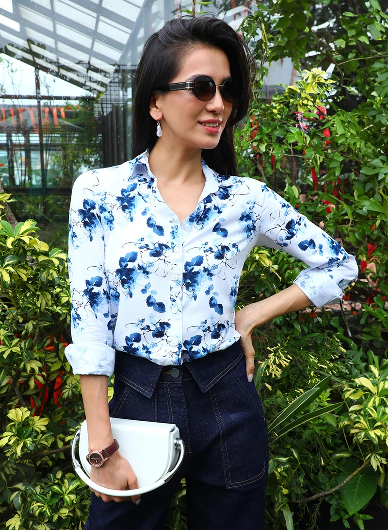 Women's Navy Blue Botanical Strokes Shirt