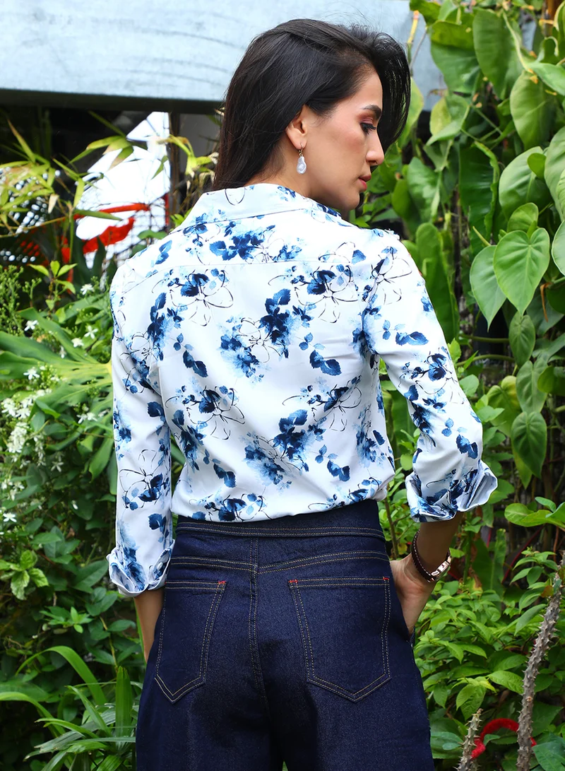 PINACOLADA Women's Navy Blue Botanical Strokes Shirt Women's Navy Blue Botanical Strokes Shirt  | Best Price UAE