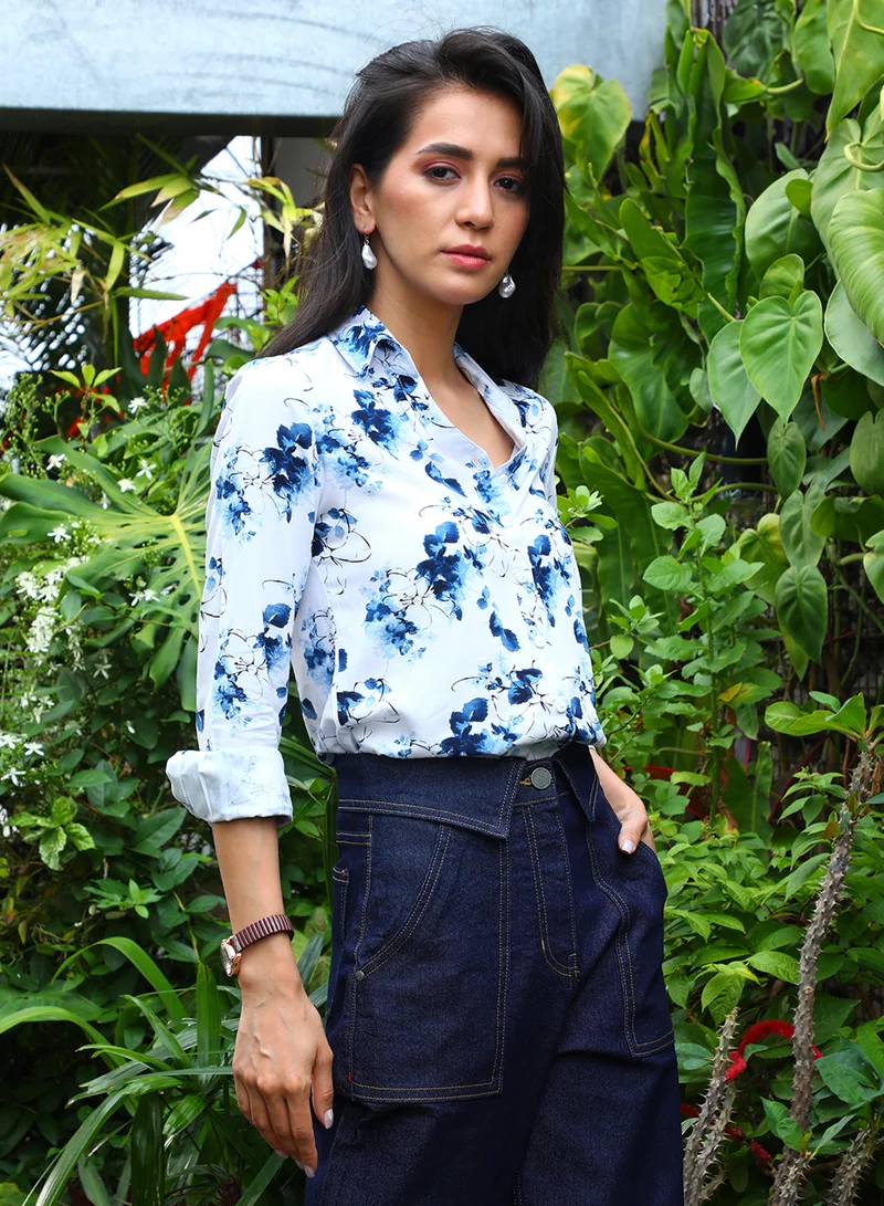 PINACOLADA Women's Navy Blue Botanical Strokes Shirt Women's Navy Blue Botanical Strokes Shirt  | Best Price UAE