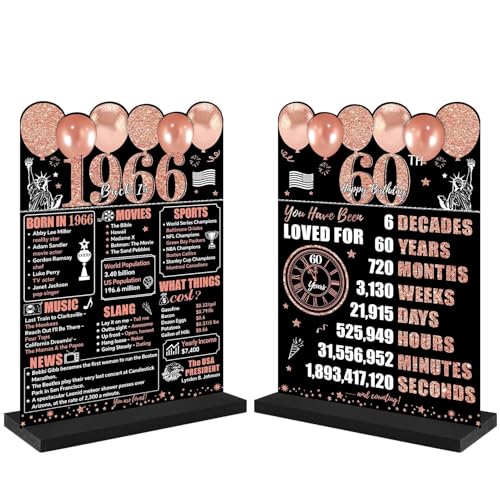Guiruiy Rose Gold 60th Birthday Decorations for Women, Two-Sided Vintage 60 Back in 1966 Theme Poster Wooden Table Sign with Stand, Sixty Years Old Bday Centerpieces Display Holder for Table Decor - Image 1
