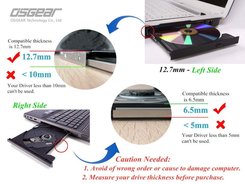OSGEAR Internal Thick 12.7mm SATA 8X DVDRW CD DVD RW ROM Burner Writer Laptop Replacement PC Mac Tray Loading Drive for Asus Acer HP Dell Lenovo Samsung Sony - Image 2
