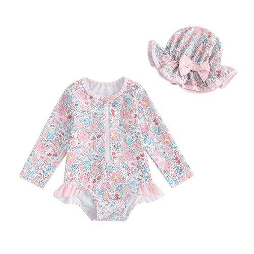 FOMOYUU Baby Girl Rash Guard Swimsuit Floral One Piece Bathing Suit Infant Zipper Swimwear + Hat Sun Protection Beach Wear (Pink1, 9-12 Months) - Image 1
