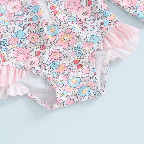 FOMOYUU Baby Girl Rash Guard Swimsuit Floral One Piece Bathing Suit Infant Zipper Swimwear + Hat Sun Protection Beach Wear (Pink1, 9-12 Months) - Image 5