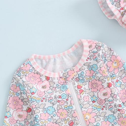 FOMOYUU Baby Girl Rash Guard Swimsuit Floral One Piece Bathing Suit Infant Zipper Swimwear + Hat Sun Protection Beach Wear (Pink1, 9-12 Months) - Image 3