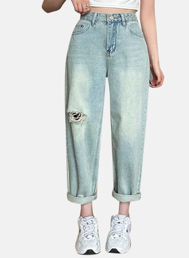 YUNIQEE Blue High-Rise Slash Knee Light Fade Denim Jeans