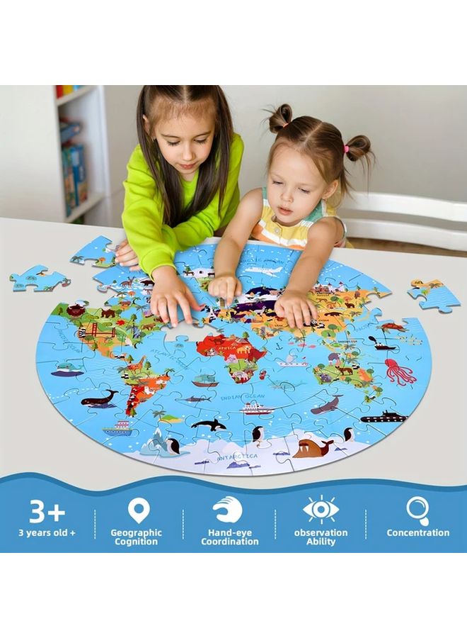 70 قطعة من أحجية الأرضية الحيوانية بتصميم دائري، قارات حية، كرتون أزرق متين، ألعاب تعليمية - Image 1