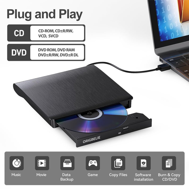 ORIGBELIE External CD/DVD Drive for Laptop, USB 3.0 CD Burner +/-RW CD ROM External DVD Drive Portable DVD Player for Laptop Desktop PC Apple Mac Windows 11/10/8/7/XP Linux OS - Image 2