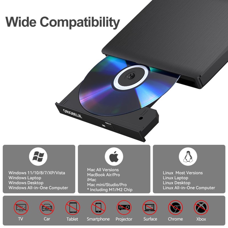 ORIGBELIE External CD/DVD Drive for Laptop, USB 3.0 CD Burner +/-RW CD ROM External DVD Drive Portable DVD Player for Laptop Desktop PC Apple Mac Windows 11/10/8/7/XP Linux OS - Image 4