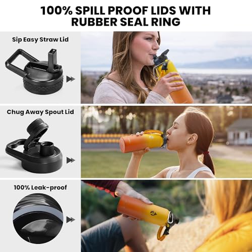 RAYMYLO Insulated Water Bottle 40 oz, Triple Wall Vacuum Stainless Steel (Cold for 48 Hrs), Leak Proof & Non-BPA, Modern Water Flask Jug with Paracord Handle & Straw Spout Lids, Ombre Orange - Image 3