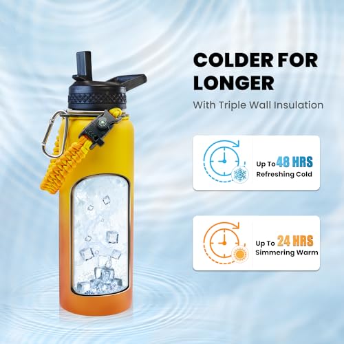 RAYMYLO Insulated Water Bottle 40 oz, Triple Wall Vacuum Stainless Steel (Cold for 48 Hrs), Leak Proof & Non-BPA, Modern Water Flask Jug with Paracord Handle & Straw Spout Lids, Ombre Orange - Image 2