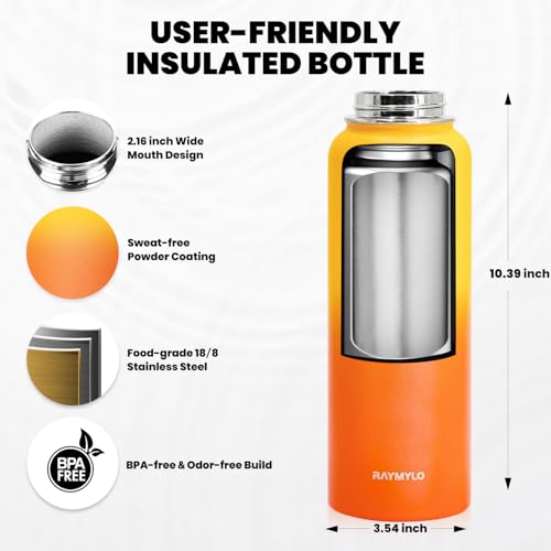 RAYMYLO Insulated Water Bottle 40 oz, Triple Wall Vacuum Stainless Steel (Cold for 48 Hrs), Leak Proof & Non-BPA, Modern Water Flask Jug with Paracord Handle & Straw Spout Lids, Ombre Orange - Image 5