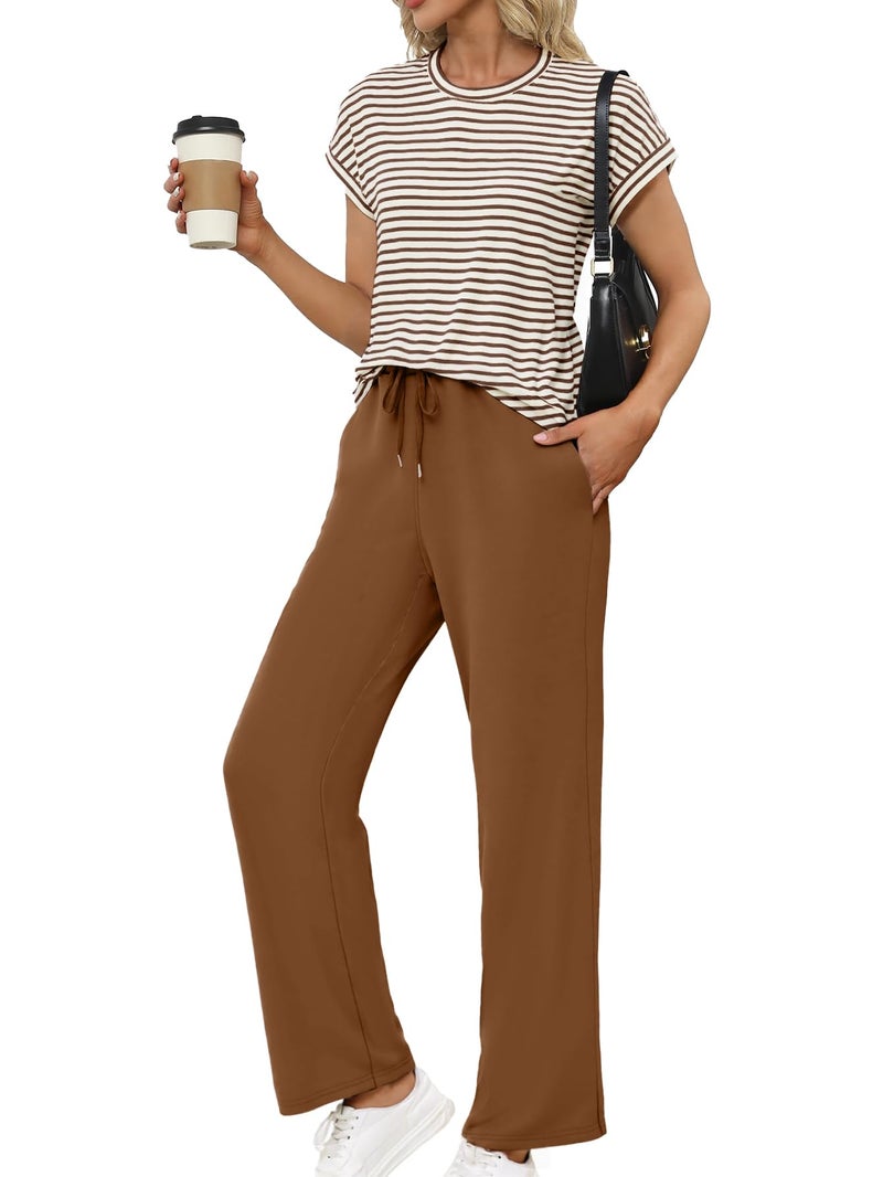 Glamaker 2 Piece Sets for Women Summer Crewneck Casual Tops Wide Leg Pants Matching Sets Sweatsuit Tracksuits Coffee XL - Image 1