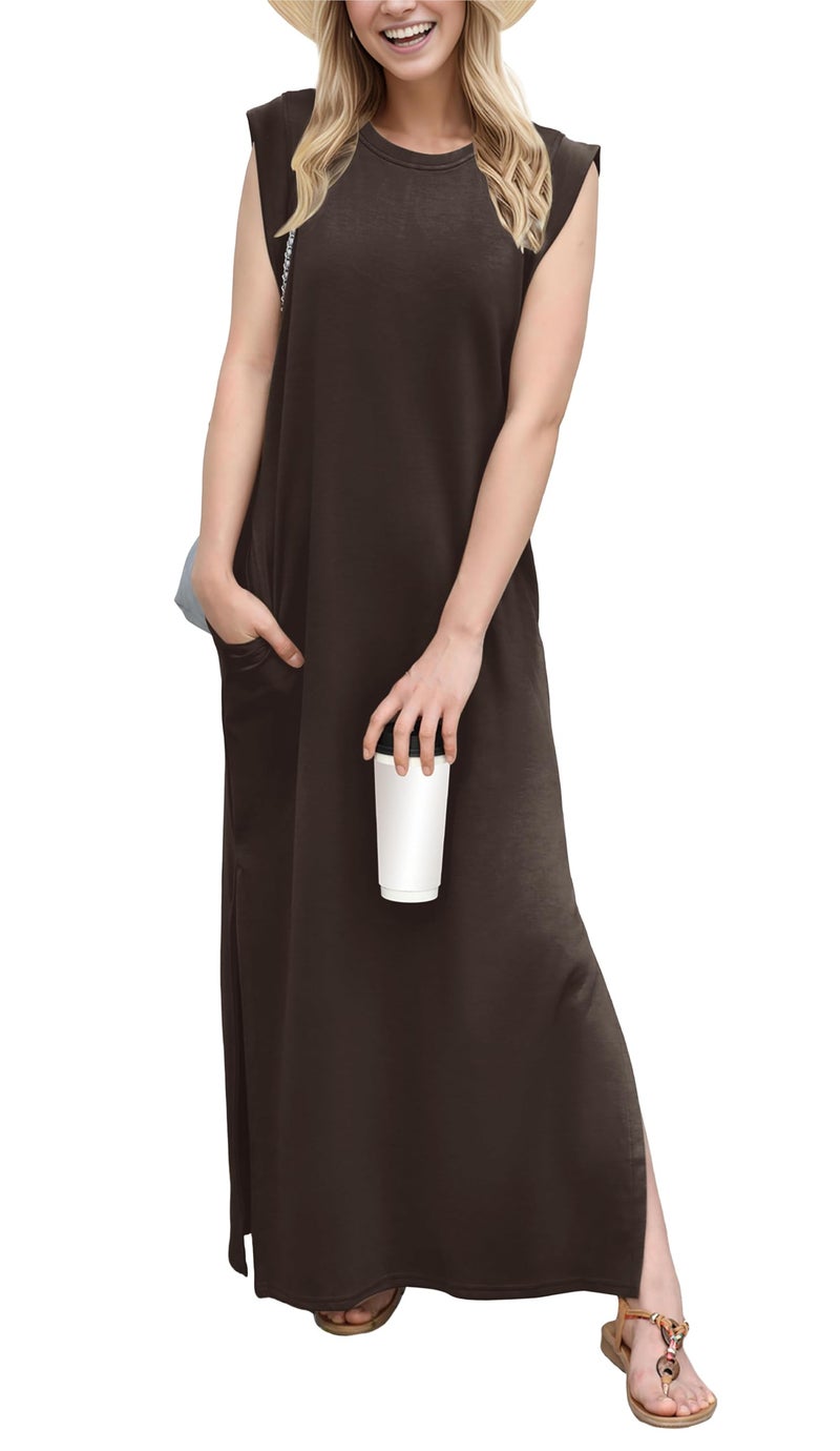 GRECERELLE Womens Summer Casual Crew Neck Split Beach Long Maxi Dress with Pockets (Large, Dark Coffee) - Image 1
