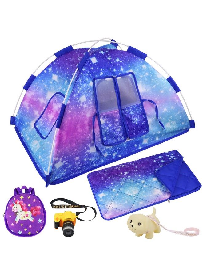 Ecore Fun 5 Items 18 Inch Dolls Camping Tent Set And Accessories Including 18 Inch Girl Doll Tent, Doll Sleeping Bag, Doll Backpack, Toy Camera And Dog  - Image 1