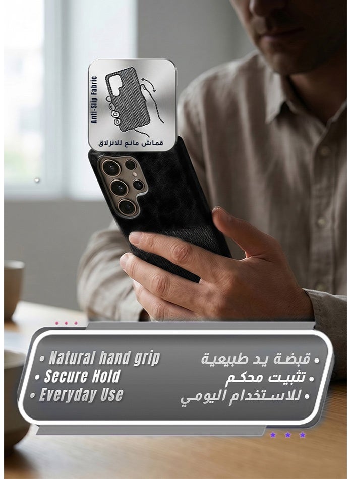 صوت واضح غطاء حماية لهاتف سامسونج جالاكسي إس٢٦ ألترا، بنسيج مزدوج من الجلد والقماش، مقاوم لبصمات الأصابع، ببطانة داخلية ناعمة، لحماية الكاميرا، غطاء خلفي رفيع واقٍ، (أسود) - Image 3