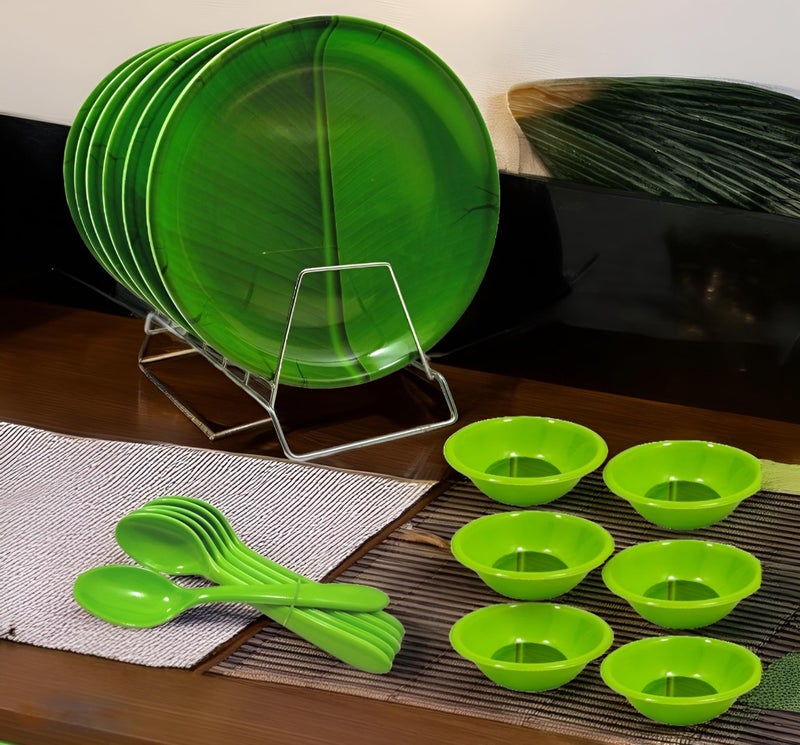 INPRO Banana Leaf Melamine 18 Pcs Dinner Set-Dinnerware for Outdoor & Indoor Parties,Tropical Leaf-Themed Plates,Bowls - Image 1