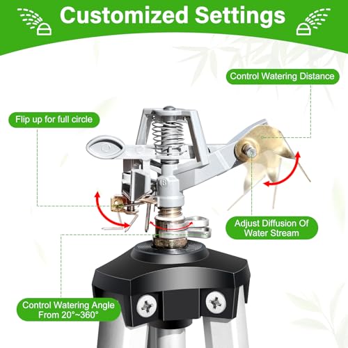 VASALAID Heavy Duty Impact Sprinkler on Tripod Base,36 Inch Tripod Sprinkler with Brass Nozzle for Yard Large Area,Extra Tall 360 Degree Rotating,Waters Up to 80 Ft,Legs Extend Up to 36" - Image 4