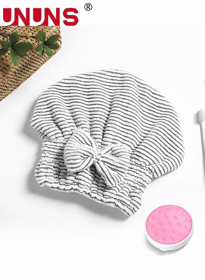 UNUNS Microfiber Hair Towel Cap,With Hair Shampoo Brush,Soft Striate Absorbent Quick Drying Cap With Bow-Knot For Curly Thick Hair  - Image 1