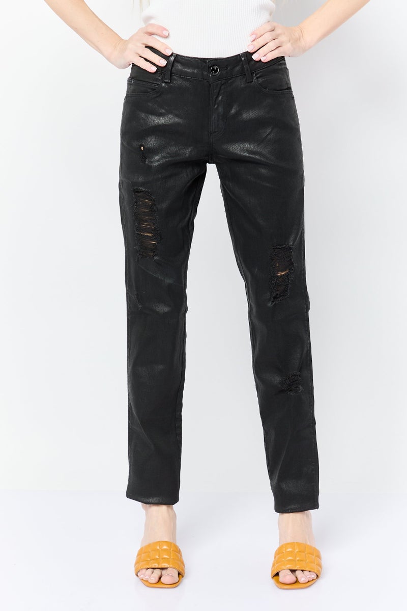 GUESS Women Curve Mid Waist Solid Rip Skinny Jeans, Black - Image 1