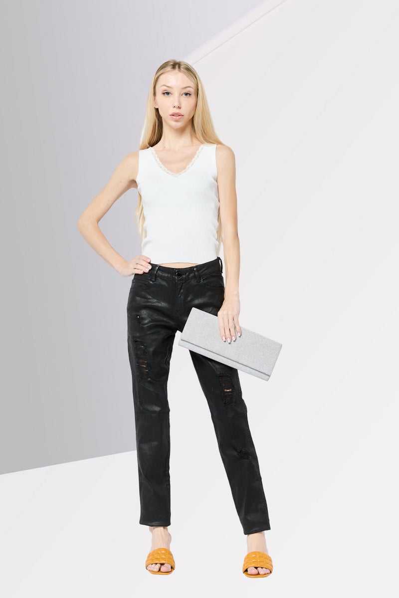 GUESS Women Curve Mid Waist Solid Rip Skinny Jeans, Black - Image 2