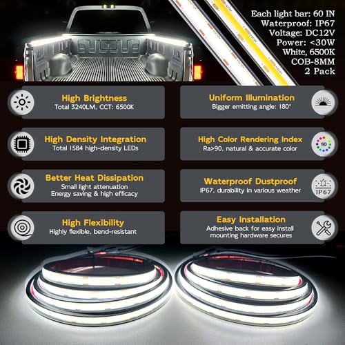 CANRIA LED Truck Bed Lights, 60 Inches, 2 Pack, COB 1584 LEDs, White 6500K,12V, 30W, IP67, with Switch, 5A Fuse Holder, Easy Install, Ideal for Truck Cargo Lighting, Pickup Truck SUV RV Boat - Image 2