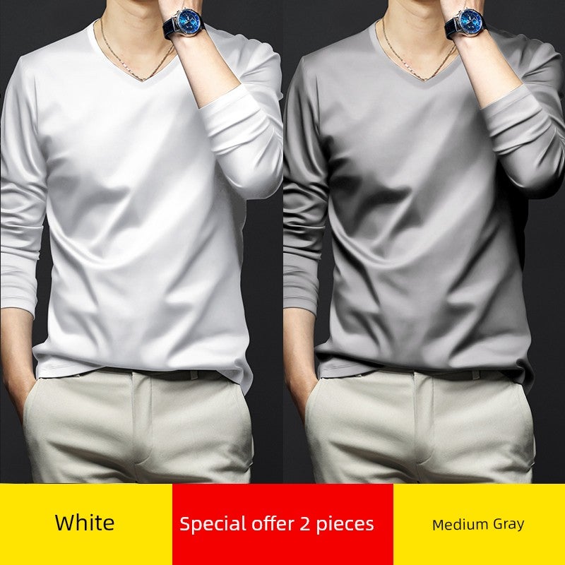 High-end modal long-sleeved t-shirt men's V-neck solid white inner wear New  base shirt autumn clothes small shirt thin style - Image 3