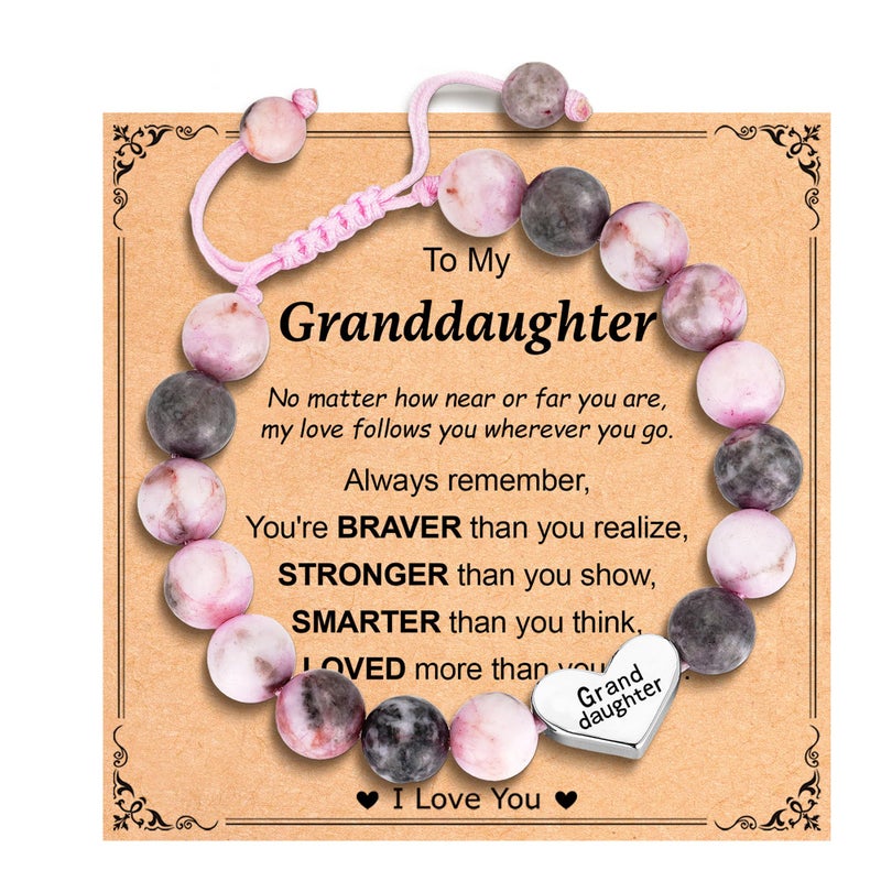 Esrial Granddaughter Daughter Gifts - Heart Natural Stone Beaded Bracelet for Girls, Christmas Valentines Easter Birthday Jewelry Gifts for Girls Daughter Granddaughterï¼ˆPink Zebra Jasperï¼‰ - Image 1
