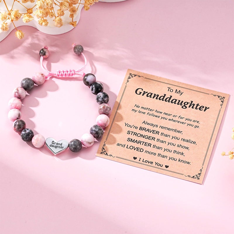 Esrial Granddaughter Daughter Gifts - Heart Natural Stone Beaded Bracelet for Girls, Christmas Valentines Easter Birthday Jewelry Gifts for Girls Daughter Granddaughterï¼ˆPink Zebra Jasperï¼‰ - Image 2