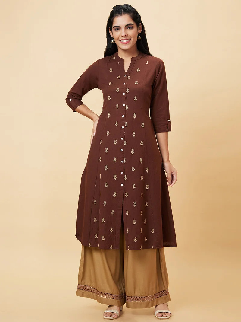 globus Women Brown Floral Embroidered Pure Cotton Straight Kurta