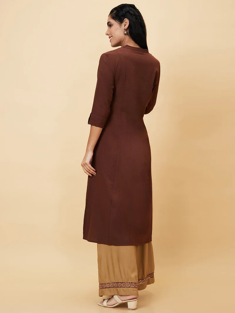globus Women Brown Floral Embroidered Pure Cotton Straight Kurta
