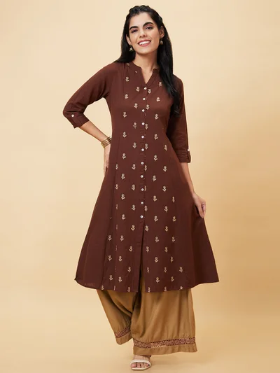 globus Women Brown Floral Embroidered Pure Cotton Straight Kurta