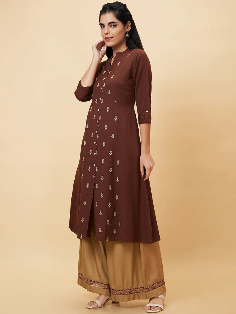 globus Women Brown Floral Embroidered Pure Cotton Straight Kurta