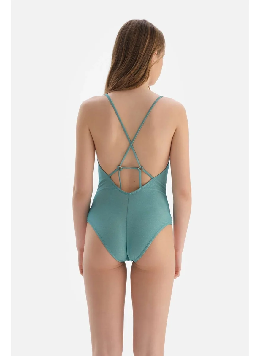 داجي Mint Green Thin Strap U Neck Swimsuit