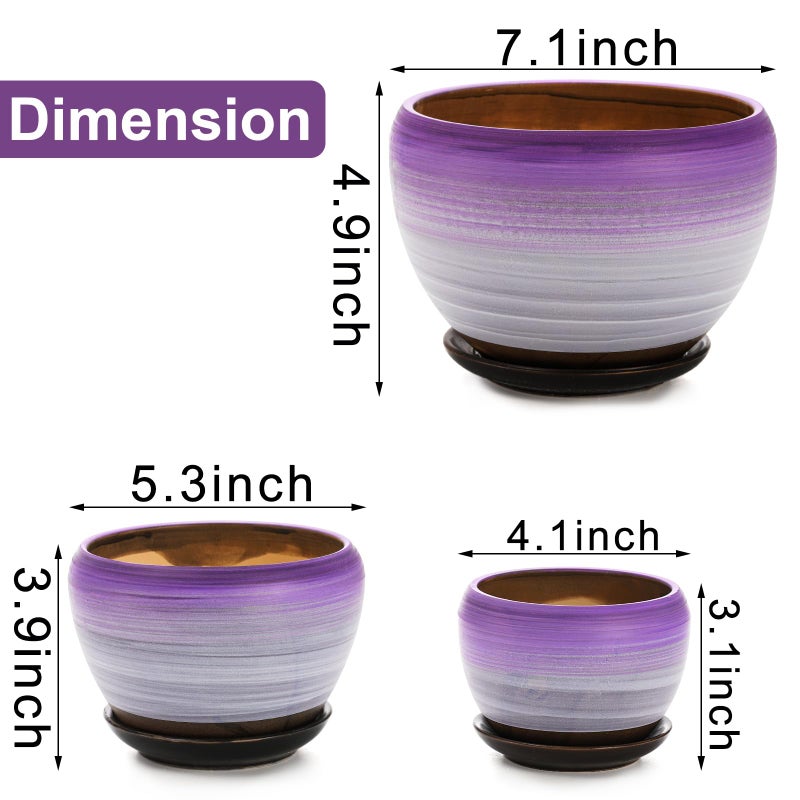 SOUJOY Set of 3 Ceramic Flower Pots, Gardening Plant Pot with Drainage Holes and Saucer, 7/5/4 inch Purple Round Succulent Herbs Cactus Planter for Indoor Outdoor - Image 2