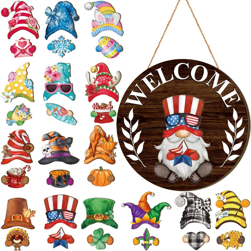 Qunclay Interchangeable Wooden Gnome Decor Holiday Seasonal Gnome Decorations with Magnet Pieces and Detachable Hats Changeable Welcome Sign for Home(Dark Brown) - Image 1