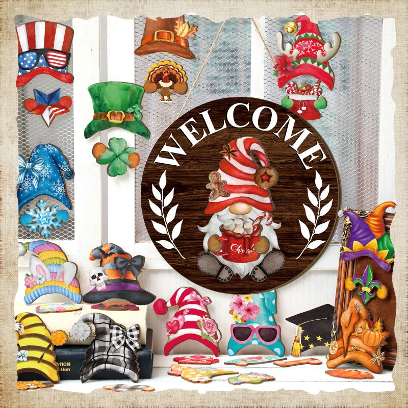 Qunclay Interchangeable Wooden Gnome Decor Holiday Seasonal Gnome Decorations with Magnet Pieces and Detachable Hats Changeable Welcome Sign for Home(Dark Brown) - Image 4