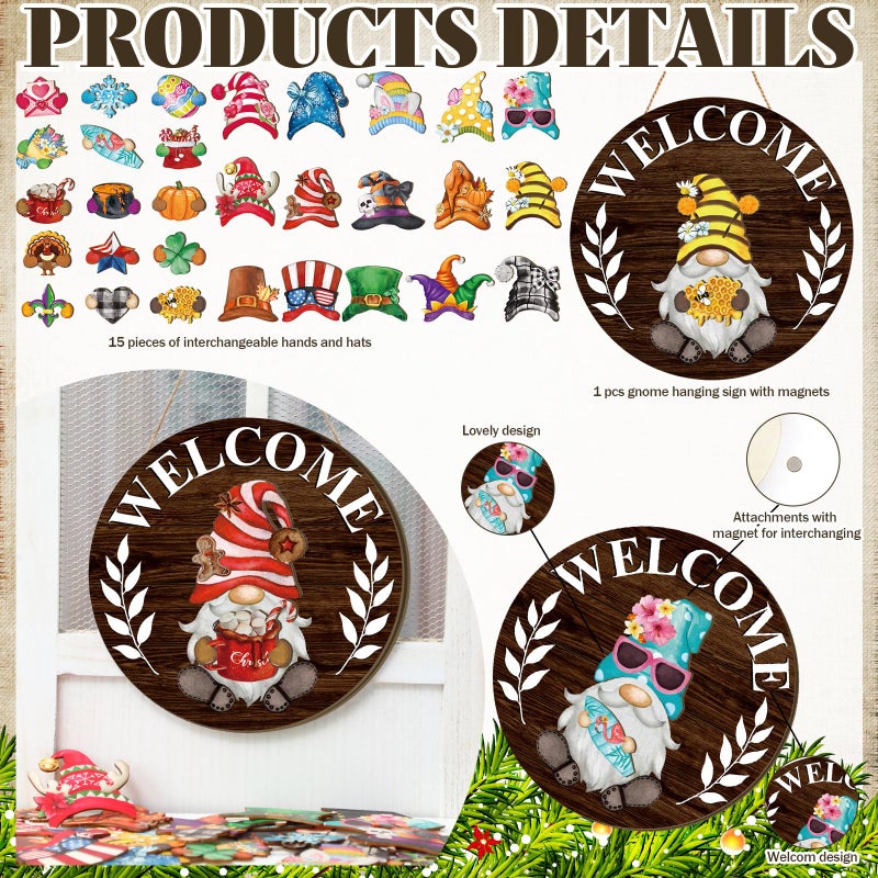 Qunclay Interchangeable Wooden Gnome Decor Holiday Seasonal Gnome Decorations with Magnet Pieces and Detachable Hats Changeable Welcome Sign for Home(Dark Brown) - Image 3