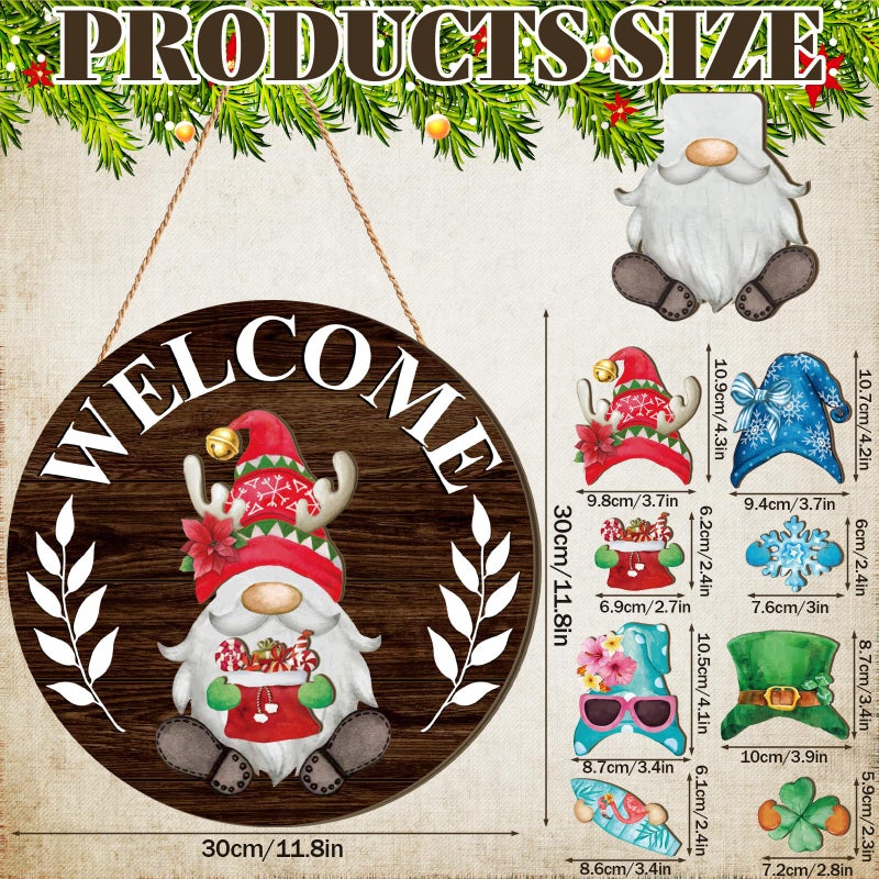 Qunclay Interchangeable Wooden Gnome Decor Holiday Seasonal Gnome Decorations with Magnet Pieces and Detachable Hats Changeable Welcome Sign for Home(Dark Brown) - Image 2