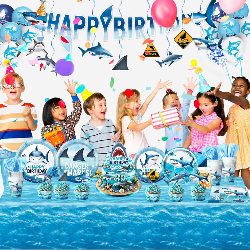 LINHAXM 157 PCS Shark Birthday Party Decorations Includes Plates, Napkins, Cups, Cutlery, Cake Toppers, Banner, Hanging Swirls, Tablecloth, Balloon for Under The Sea Party Decorations - Image 5