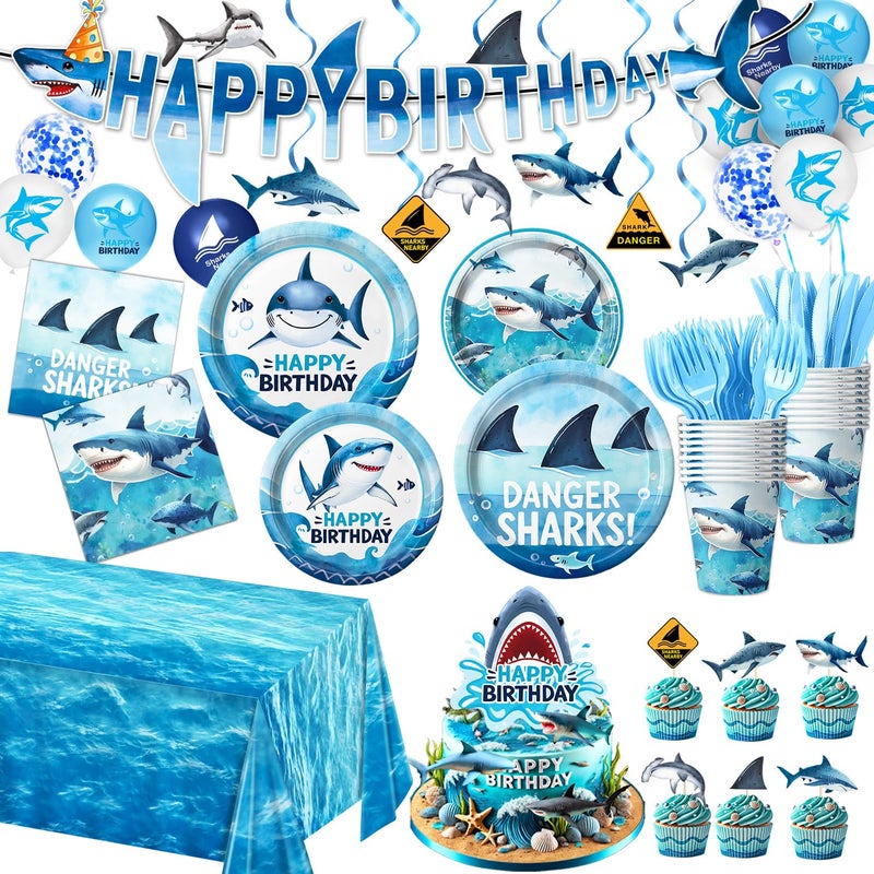 LINHAXM 157 PCS Shark Birthday Party Decorations Includes Plates, Napkins, Cups, Cutlery, Cake Toppers, Banner, Hanging Swirls, Tablecloth, Balloon for Under The Sea Party Decorations - Image 1