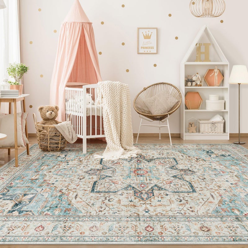Tortania Area Rug Living Room Rugs - 9x12 Washable Boho Rug Vintage Oriental Distressed Farmhouse Large Thin Indoor Carpet for Living Room Bedroom Under Dining Table Home Office - Aqua Multi - Image 3