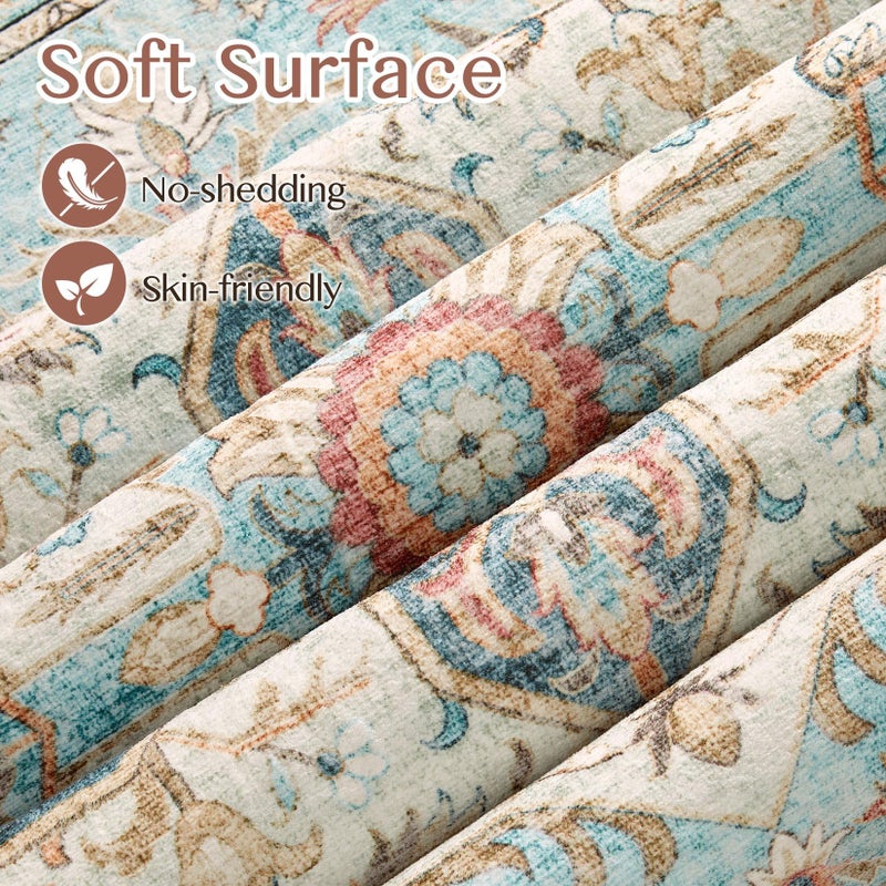 Tortania Area Rug Living Room Rugs - 9x12 Washable Boho Rug Vintage Oriental Distressed Farmhouse Large Thin Indoor Carpet for Living Room Bedroom Under Dining Table Home Office - Aqua Multi - Image 4