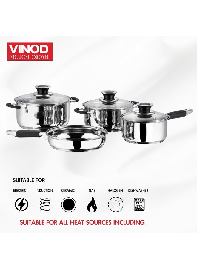 VINOD Stainless Steel Master Chef Cookware Set- 7 Pcs, Saucepan (16 cm/1.5 Litre) Casserole (18 cm/2.1 L Kadai (20cm/2 Litre) Frypan (20cm) with 3 glass lids Induction&Gas Stove Friendly, SAS Bottom - Image 3