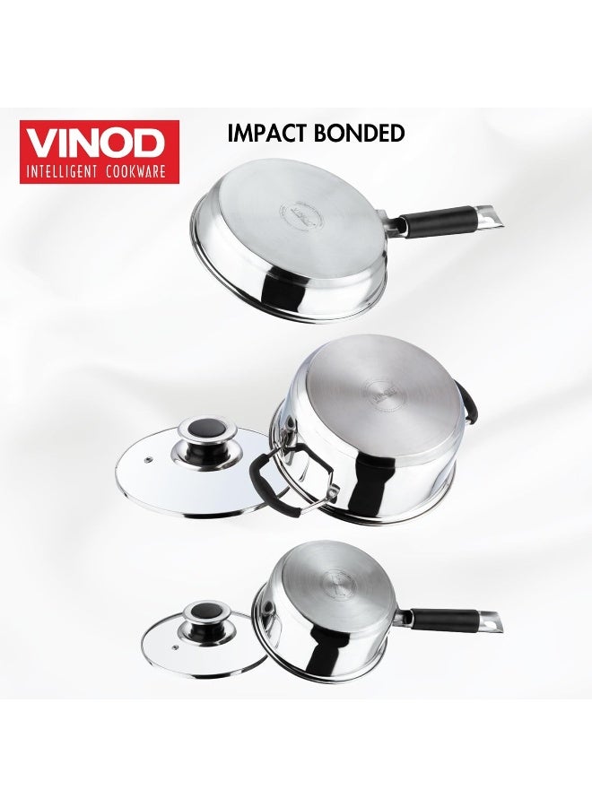 VINOD Stainless Steel Master Chef Cookware Set- 7 Pcs, Saucepan (16 cm/1.5 Litre) Casserole (18 cm/2.1 L Kadai (20cm/2 Litre) Frypan (20cm) with 3 glass lids Induction&Gas Stove Friendly, SAS Bottom - Image 5