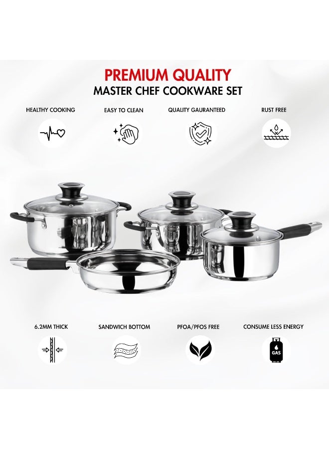 VINOD Stainless Steel Master Chef Cookware Set- 7 Pcs, Saucepan (16 cm/1.5 Litre) Casserole (18 cm/2.1 L Kadai (20cm/2 Litre) Frypan (20cm) with 3 glass lids Induction&Gas Stove Friendly, SAS Bottom - Image 4