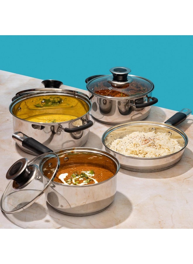 VINOD Stainless Steel Master Chef Cookware Set- 7 Pcs, Saucepan (16 cm/1.5 Litre) Casserole (18 cm/2.1 L Kadai (20cm/2 Litre) Frypan (20cm) with 3 glass lids Induction&Gas Stove Friendly, SAS Bottom - Image 2
