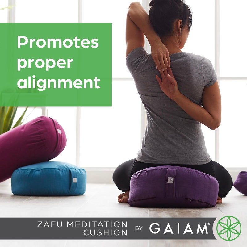 Gaiam Zafu Yoga Meditation Cushion - Ergonomic Buckwheat Hull Floor Pillow for Posture Support, Tailored Comfort with Adjustable Filling, Carry Handle, Versatile for Pilates and Relaxation - Black - Image 2