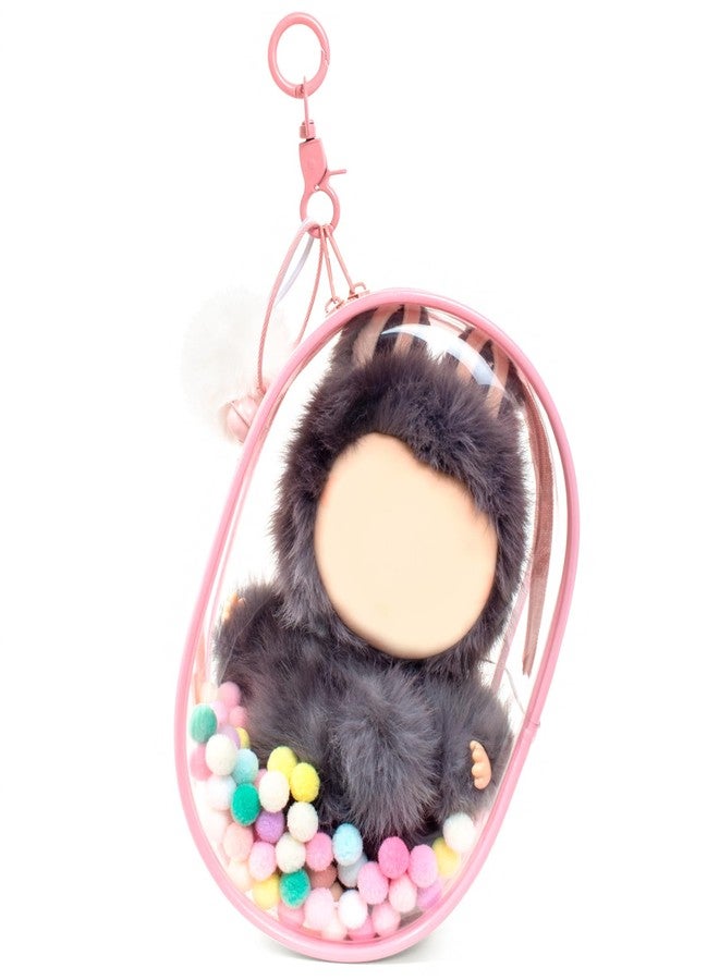 LETGO Clear Figure Display Bag with Keychain for Doll, Protective Case for Dolls Storage Bag, Pouch Keychain for Collectibles with Pompoms Waterproof Dustproof Pouch Display Storage Box for Doll (Pink) - Image 1